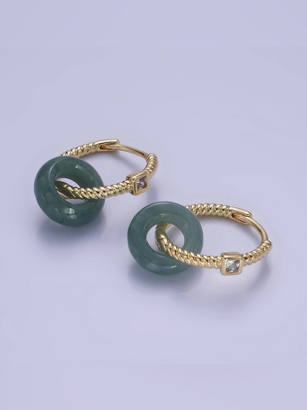 14K Gold Filled Green Jade Donut Drop CZ Croissant Earrings